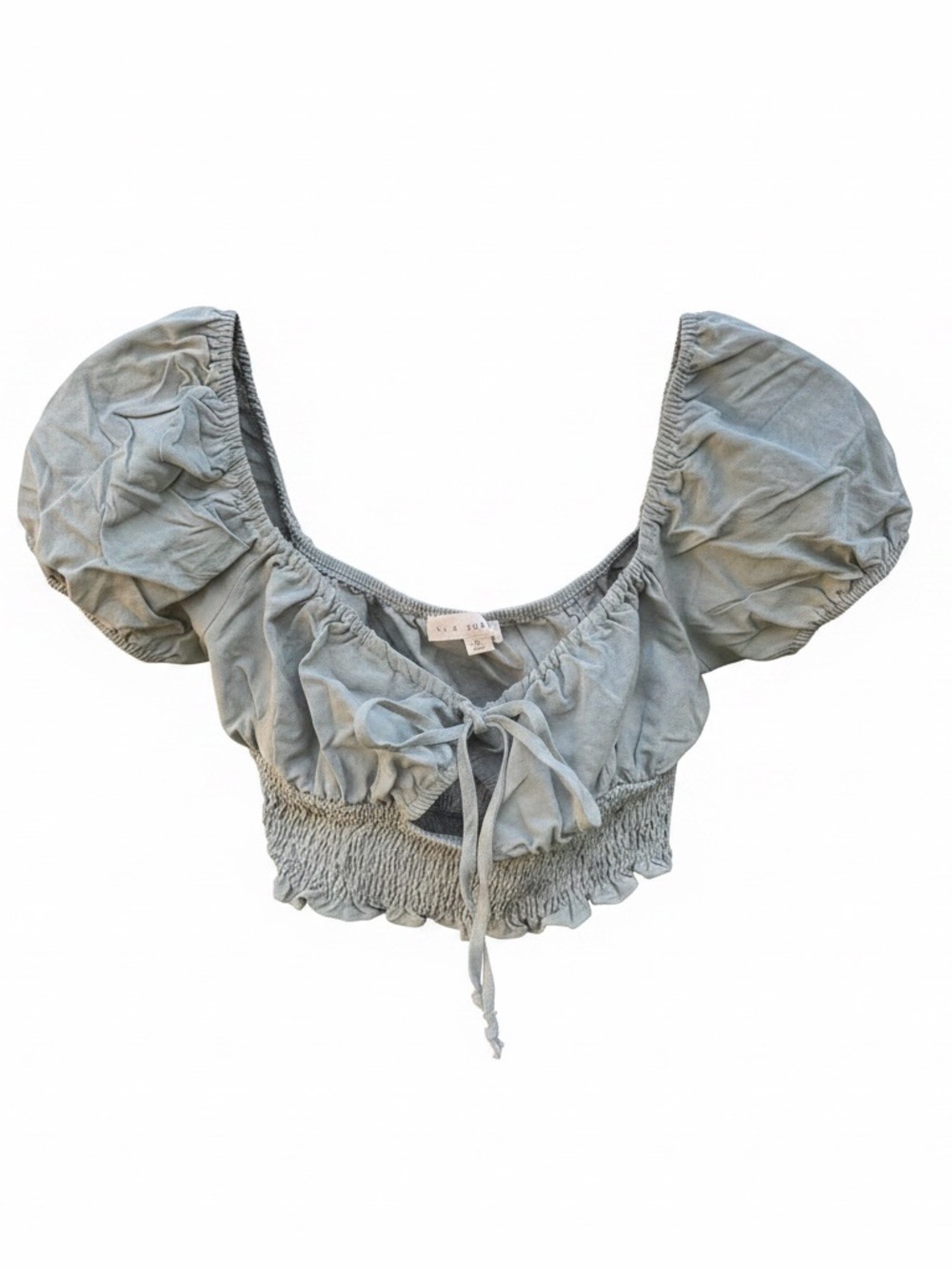 La Hearts Sage Green Smocked Crop Top with Puff Sleeves - Picture 3 of 9